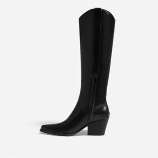 Black knee-high boot with a zipper on a white background