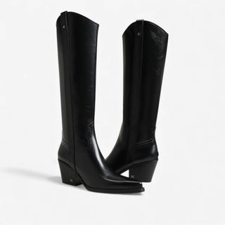 Pair of black knee-high boots on a white background