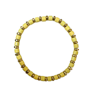 Yellow beaded stretch bracelet with gold accents, individual product view