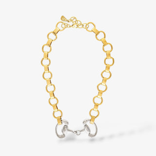 Yochi NY Poney mixed metal link necklace with gold oval chain links and a silver-tone horsebit detail shown in a front product view.